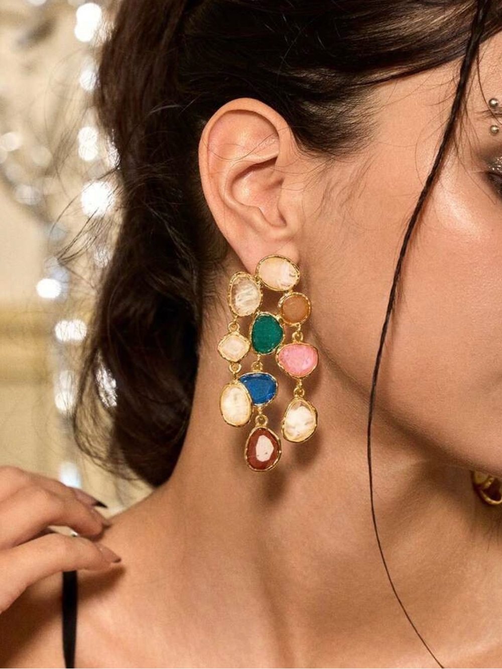 Multicolor Gemstone Drop Earrings - Gold Tone - Picture 5 of 8